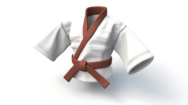 White martial arts uniform with brown belt. 3D rendering.