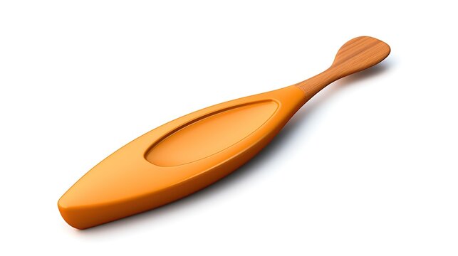 **Image description:**  This is a 3D rendering of a sleek, modern canoe paddle. The paddle is orange and has a wooden handle.