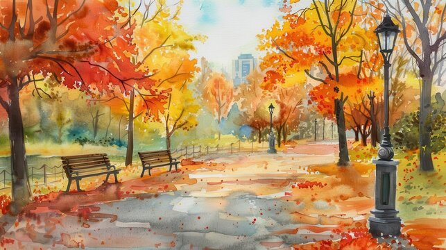 colorful autumn foliage in city park peaceful walking path with benches and lamp posts watercolor