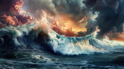 Fototapeta premium colossal tsunami waves crashing under an ominous stormy sky digital seascape painting