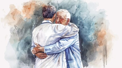 Obraz premium compassionate doctor comforting elderly male patient with a warm embrace watercolor illustration