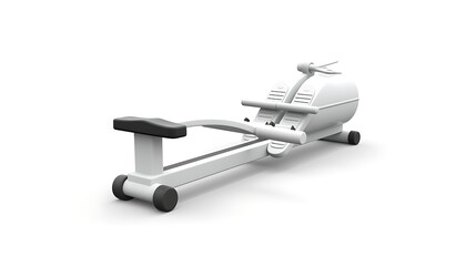 This is a white rowing machine. It has a seat that slides back and forth on a track, and a handle that you pull towards you.