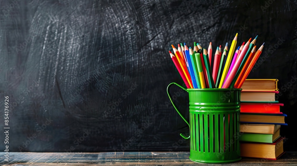 Wall mural Colorful school stationery on table on blackboard background. AI generated illustration