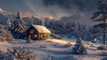 Fototapeta premium cozy wooden cabin in a snowy winter forest at night christmas holiday background 3d illustration