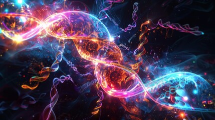 Genetic Elegance Vibrant DNA Helix in Technicolor Explosion HighTech Molecular Art on Black Background with Dramatic Lighting