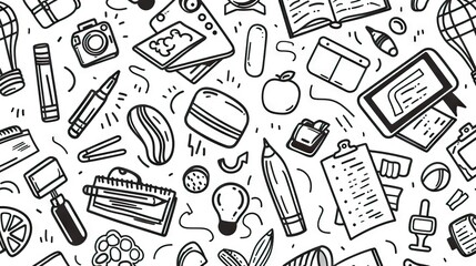 School supplies seamless pattern. Education accessories pencil and pen notebook black line doodle cartoon isolated on white background creative design textile. AI generated illustration