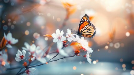 delicate butterfly on cherry blossom branch blurred river in spring nature background soft focus photography