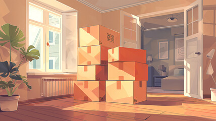 A stack of parcel boxes sits in an empty bright and cozy apartment room