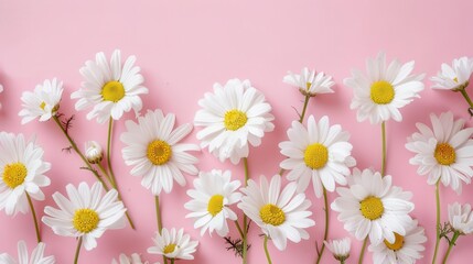 Fototapeta premium delicate white chamomile flowers on pastel pink background minimalist floral composition stock photo