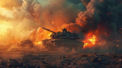 dramatic battlefield scene with exploding tank intense war concept illustration
