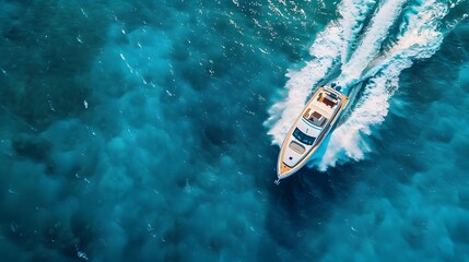 An aerial view of a luxury motorboat speeding across turquoise blue waters of the azure sea.