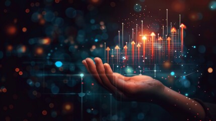 Glowing Success Hand Interacting with Digital Bar Graph Economic Progress and Technology Concept in HighTech Illustration