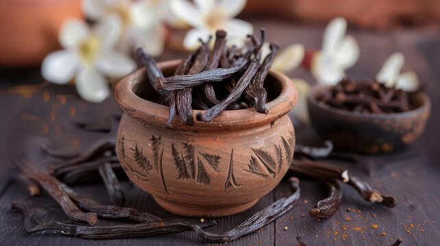 dried vanilla pods in clay pot with vanilla flower blossoms in background aromatic spice ingredient 7