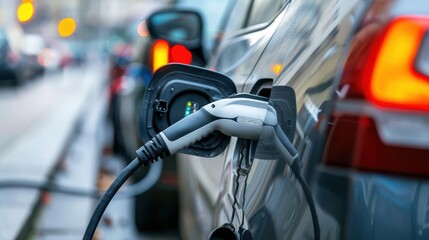 electric vehicle charging closeup of plug connected to car at charging station sustainable transport