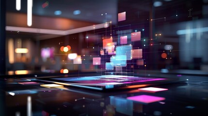 Fototapeta premium Digital Nexus Futuristic Tablet with Holographic Interface on Modern Desk HighTech Data Visualization in SciFi Office Setting