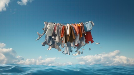 Clothesline full of colorful clothes hanging in mid air above the ocean. The clothes are blowing in the wind and there are papers flying around.