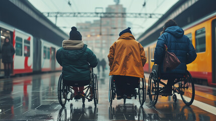 Obraz premium Group of young people with disability waiting for train at station on a rainy day