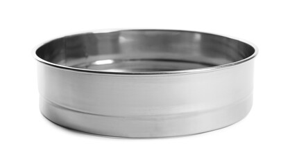 One metal sieve isolated on white. Kitchen utensil