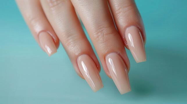 elegant neutralcolored manicure on long square nails beauty and nail art concept closeup shot
