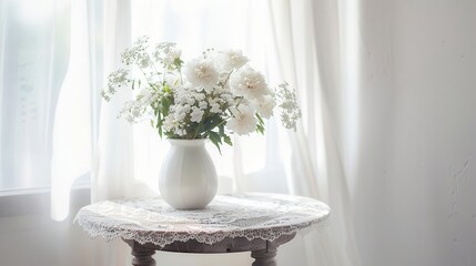Fototapeta premium elegant white flowers in vase on lacecovered wooden table stylish interior decor product display highkey studio photo