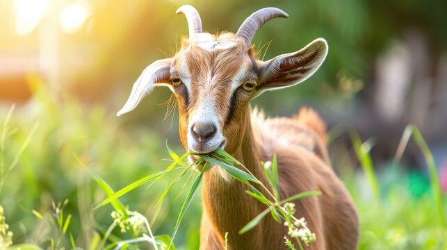 Adult goat eating grass in lush field