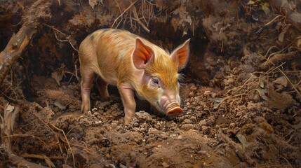 Fototapeta premium Feral Piglet excavating in earth