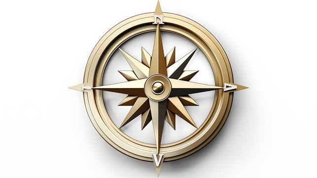 3D rendering of a gold compass on a white background. The compass is pointing north.
