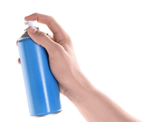 Man with can of spray paint on white background, closeup