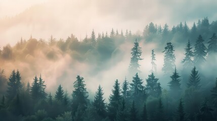 ethereal foggy morning in misty mountain forest landscape photography