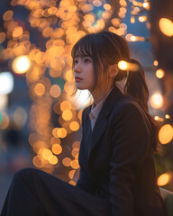 Office lady in a sharp suit sitting on a bench under a beautiful light-decorated tree in sadness, she looking down and sight 