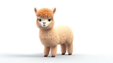 Obraz premium Cute and fluffy llama standing on a white background. It has brown eyes and a pink nose. Its fur is light brown and it has a white belly.