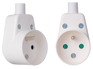 Plastic electrical socket mounted on electric cable, isolated background.