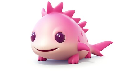 Cute and colorful 3D illustration of a pink axolotl. The axolotl has a friendly smile on its face and is looking up at the viewer.