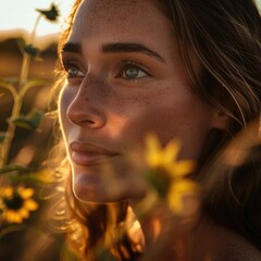 A closeup shot capturing the womans forehead, nose, cheek, lips, chin, eyebrow, mouth, and eyelashes in a sunflower field, showcasing her beautiful hairstyle and head tilt AIG50