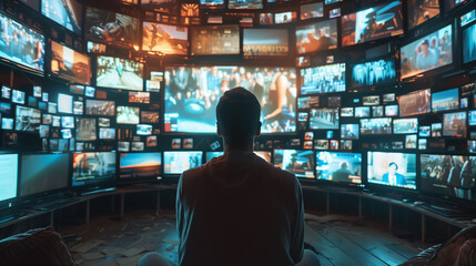 Man is sitting on the floor, watching a wall of screens showing a variety of content, with his back to the camera, reflecting digital age challenges in staying informed online