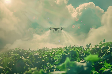 Fototapeta premium Agricultural drones spraying pesticides on crops. Concepts about modern agriculture, efficiency for increased productivity, and the use of technology in agriculture.