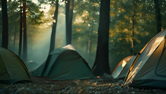 The muted tones of a campsite with fuzzy tents and a faint flicker of light from the campfire.