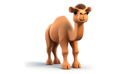Naklejka premium A cute and friendly cartoon camel standing on a white background. The camel has a brown body, a white belly, and a brown hump on its back.