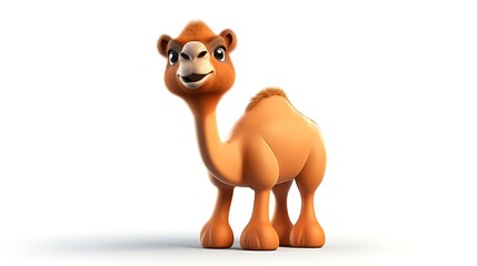 This is a 3D rendering of a cartoon camel. The camel is standing on a white background and looking at the viewer.