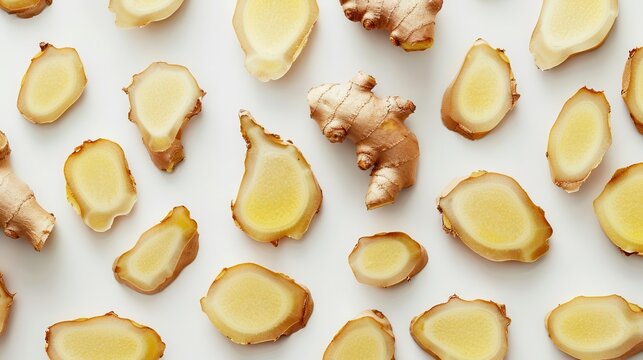 ginger root slices arranged in abstract pattern on white background creative food photography