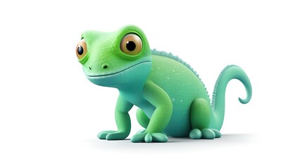 A cute and friendly green chameleon is sitting on a white background. The chameleon has big, round eyes and a long, curly tail.