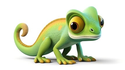 Fototapeta premium A cute and colorful chameleon is sitting on a white background. The chameleon is green and yellow with big eyes and a long tail.