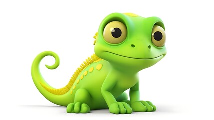 Fototapeta premium Cute green chameleon with big eyes sitting on a white background. 3D rendering.