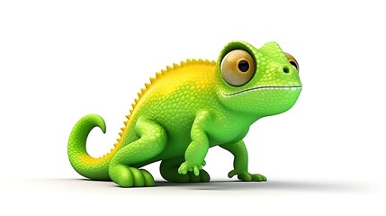 A cute and colorful chameleon is sitting on a white background. The chameleon is green and yellow, with big eyes and a long tail.