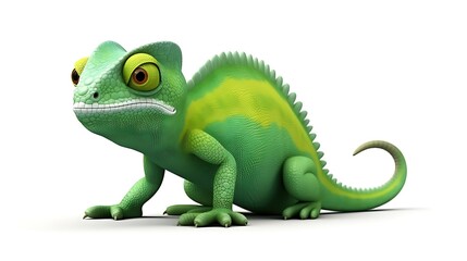 Obraz premium A cute and colorful chameleon is sitting on a white background. The chameleon is green and yellow with big eyes and a long tail.