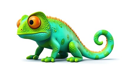 A cute and colorful chameleon is sitting on a white background. The chameleon is green and blue with big orange eyes.