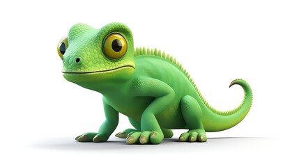 Fototapeta premium A cute and friendly green chameleon is sitting on a white background. The chameleon has big, round eyes and a long, curly tail.