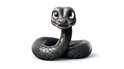 Obraz premium 3D rendering of a cute and friendly cartoon snake with big eyes. The snake is black and has a happy expression on its face.