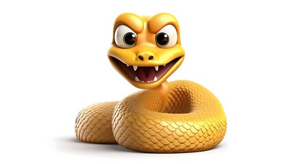 3D rendering of a cute and friendly snake. The snake has big, round eyes and a wide smile.