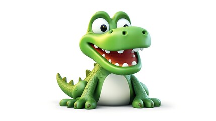 Fototapeta premium Cute and funny green cartoon crocodile sitting and smiling. Isolated on white background. 3D rendering.